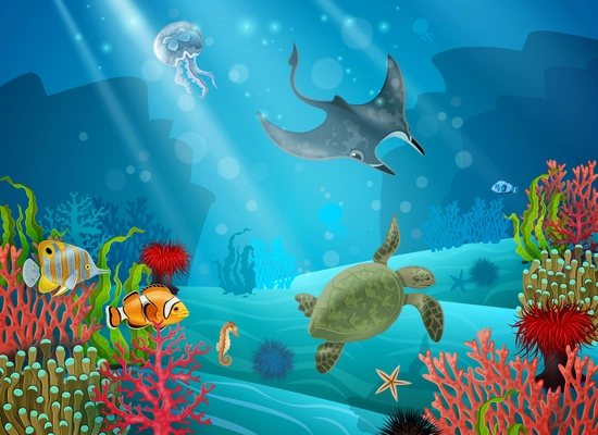 Underwater cartoon landscape with various sea animals and plants vector illustration