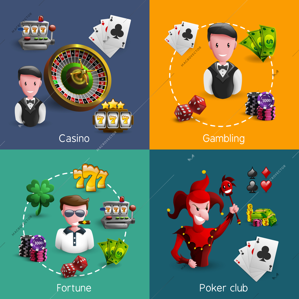 Small square 2x2 banners set of specific casino caracters with few spatial icons each cartoon vector illustration