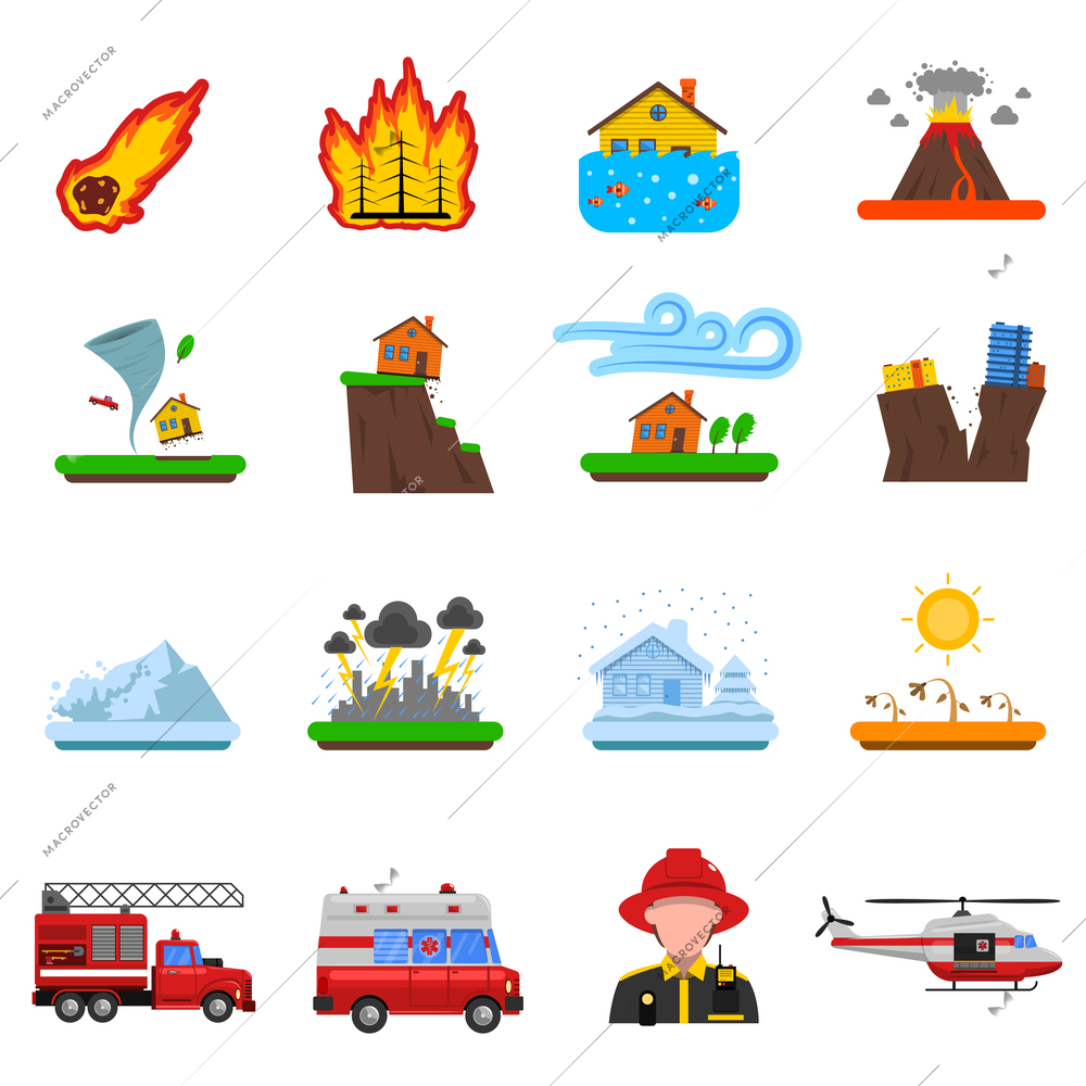 Natural disasters flat icons set with forest fire tsunami wave and earth quake symbols abstract isolated vector illustration