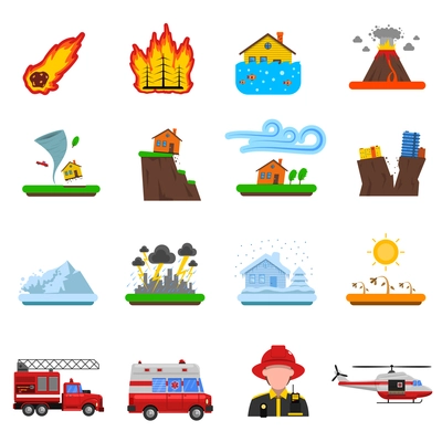 Natural disasters flat icons set with forest fire tsunami wave and earth quake symbols abstract isolated vector illustration