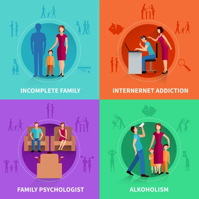 Psychological causes of family conflict flat design concept set  vector illustration