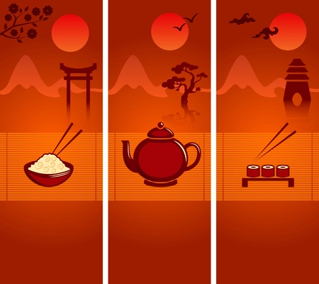 Japanese culture banners or bookmarks template collection with rice teapot and sushi vector illustration