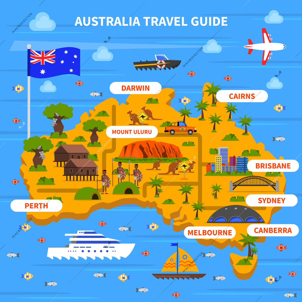 Australia travel guide with map flag ocean and sights flat vector illustration