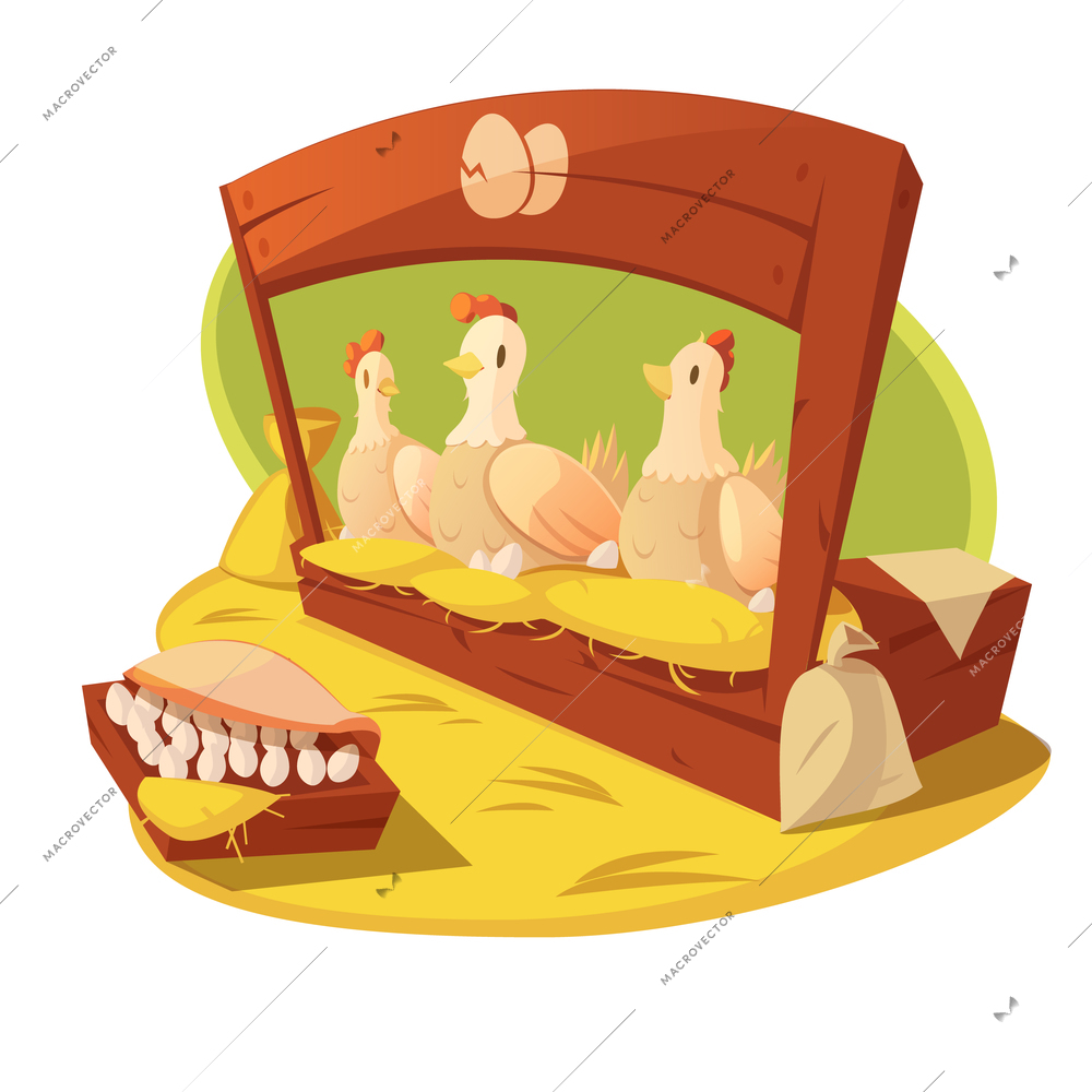 Hen and eggs on a farm with hay and bags of grain for feeding vector illustration