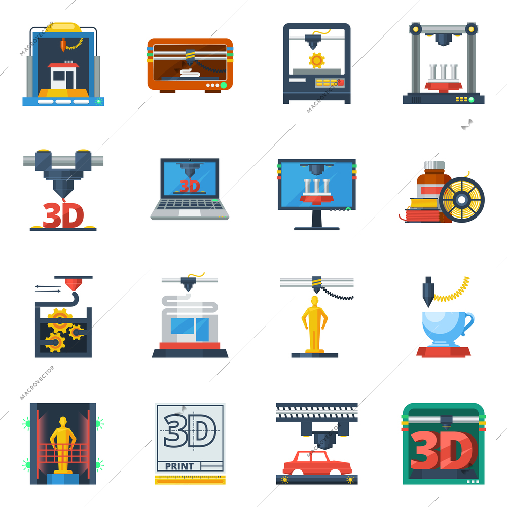 Innovative technologies 3d printing industry service flat icons collection for creating prototypes models abstract isolated vector illustration