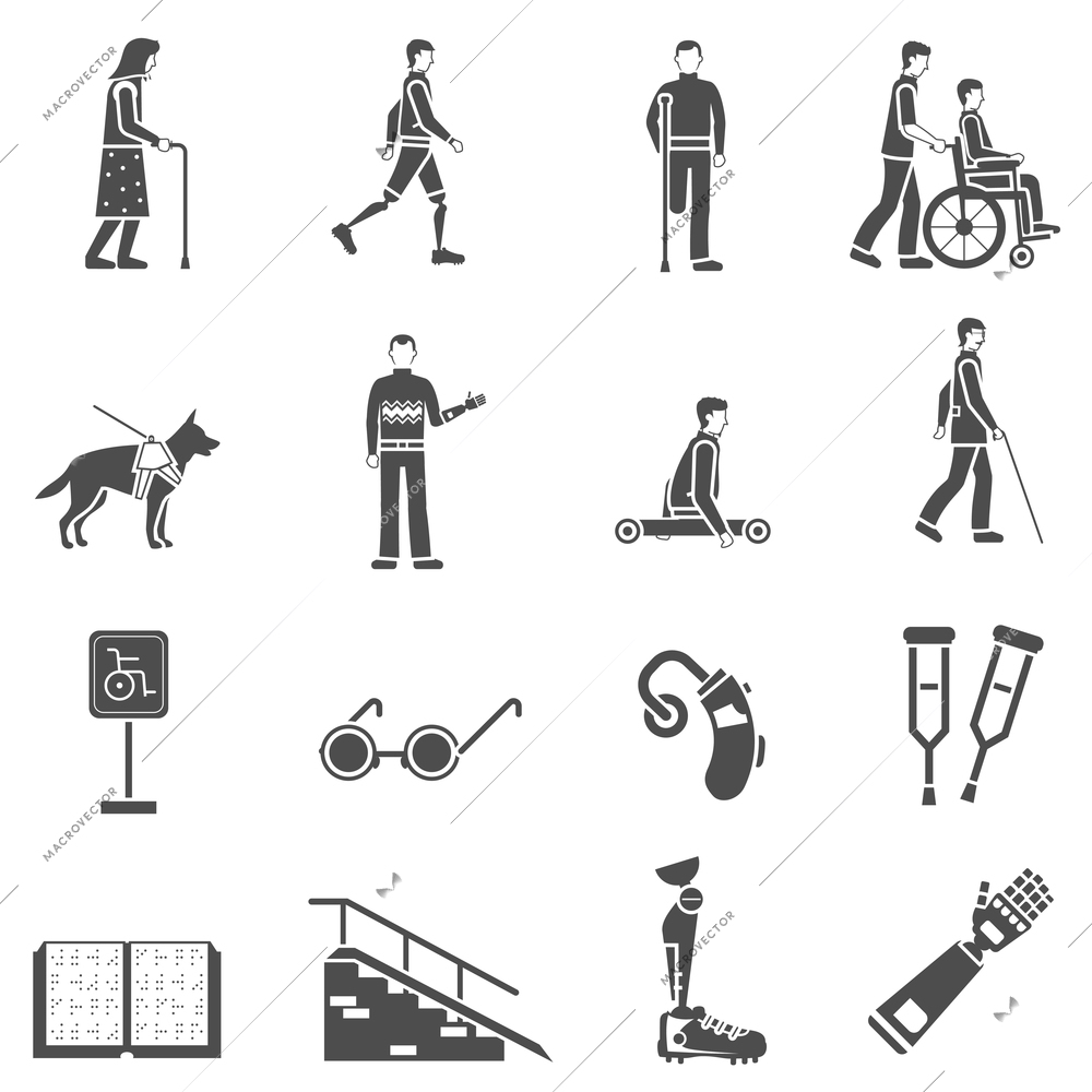 Disabled and elderly people accessories black icons set with crutches canes and wheelchair abstract isolated vector illustration