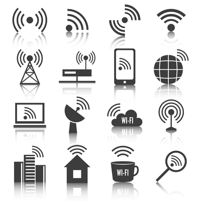 Wireless communication network business black icons set of wifi signal search cell tower and transmitter antenna isolated vector illustration