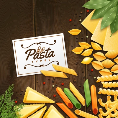 Background with different kinds of pasta with green and spices on wooden table vector illustration