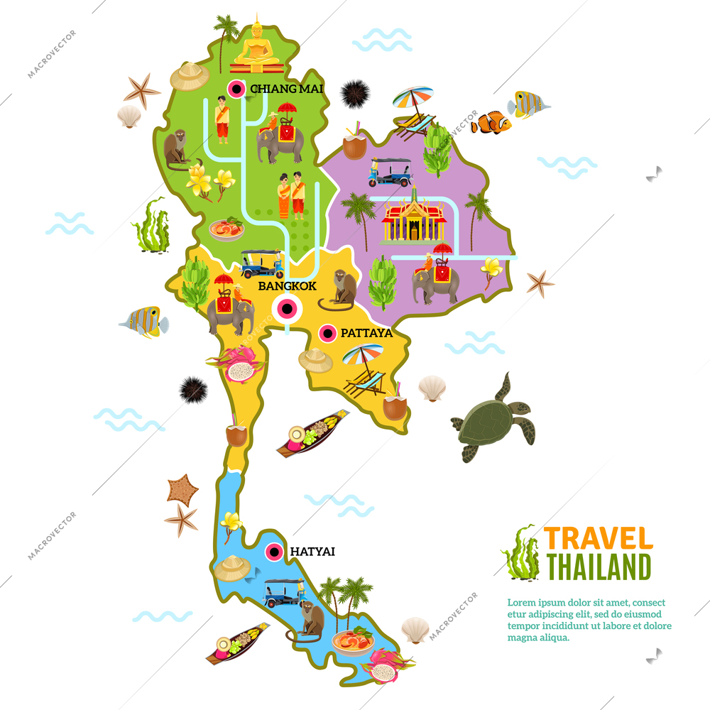 Thailand poster with map and picture of main attractions and heritage of the country on white background vector illustration