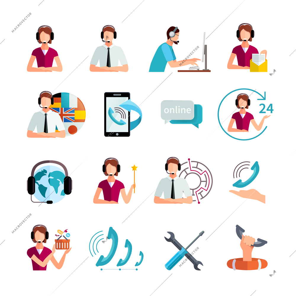 Customer support worldwide service flat icons set with helpdesk operator and technical assistance abstract isolated vector illustration