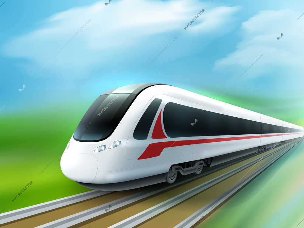 Super streamlined high-speed day train in the countryside meadow realistic image ad poster vector illustration