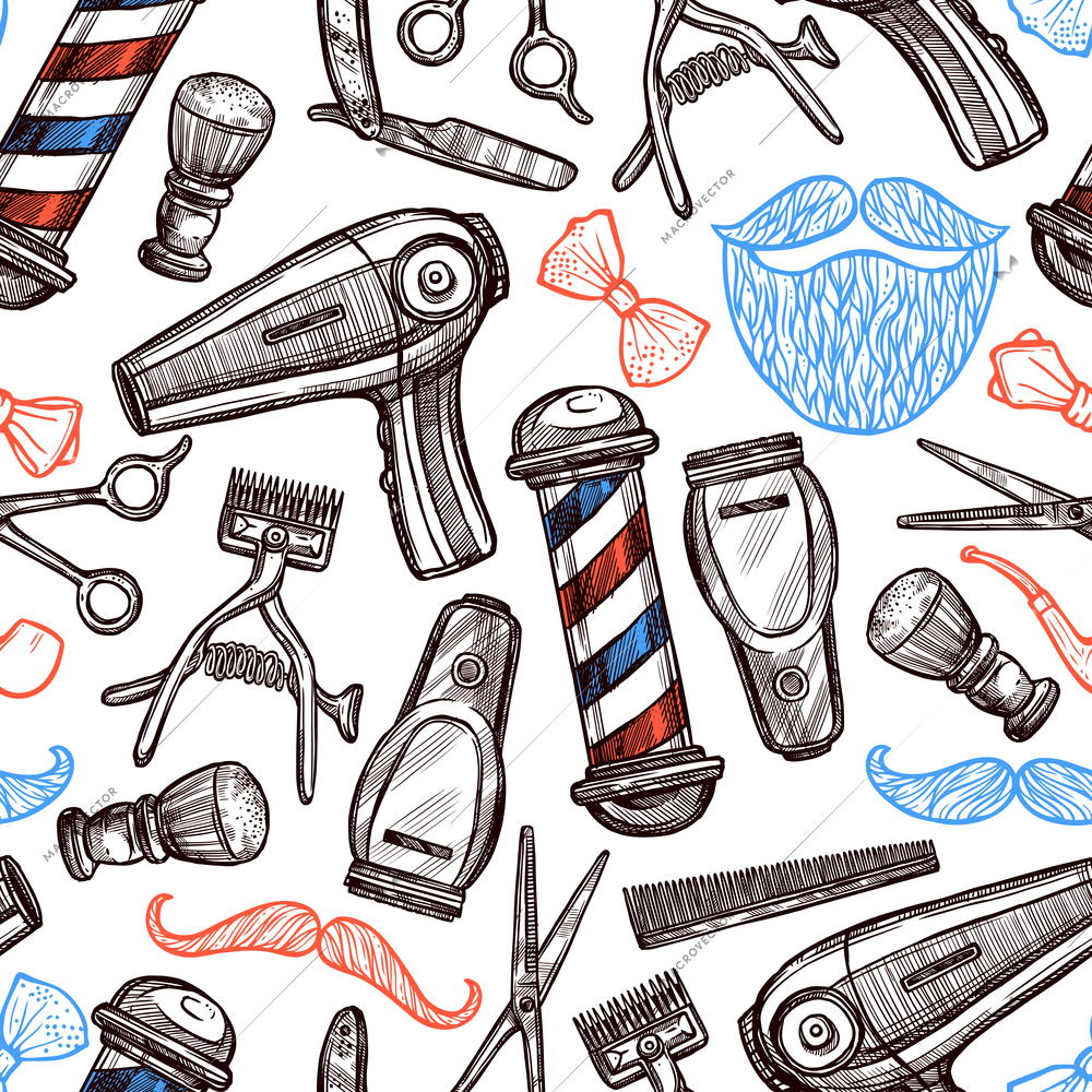 Barber shop tools accessories and symbols seamless pattern in red blue black doodle abstract vector illustration