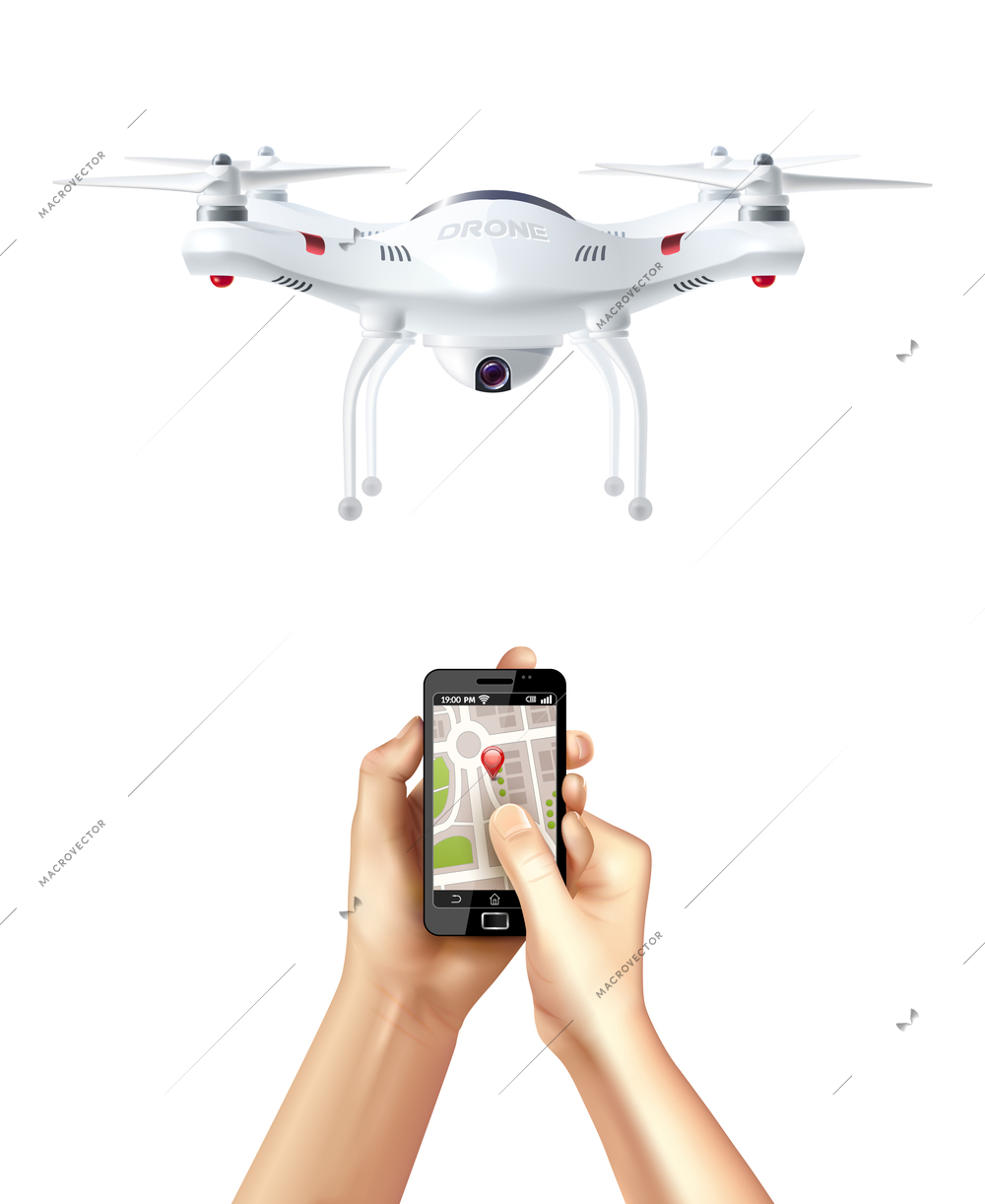 Unmanned drone and smartphone with  navigation app in human hands realistic concept vector illustration