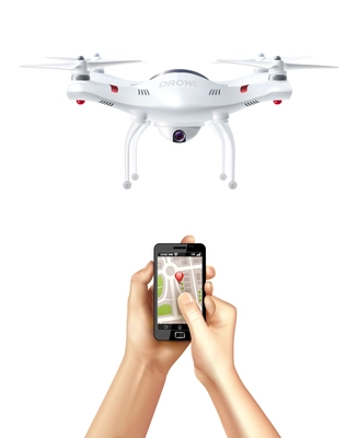 Unmanned drone and smartphone with  navigation app in human hands realistic concept vector illustration