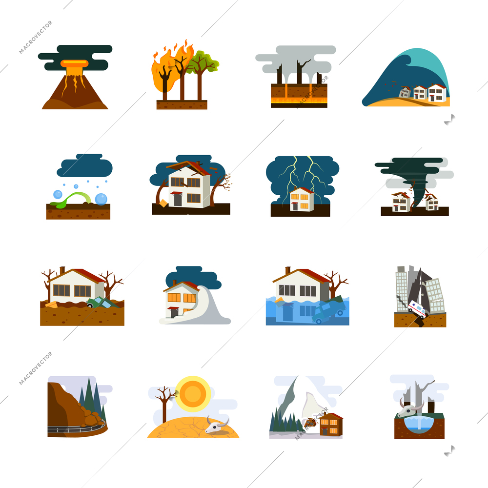 World worst natural disasters symbols flat pictograms collection with earthquake tsunami and avalanche danger isolated vector illustration