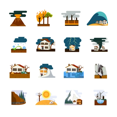 World worst natural disasters symbols flat pictograms collection with earthquake tsunami and avalanche danger isolated vector illustration