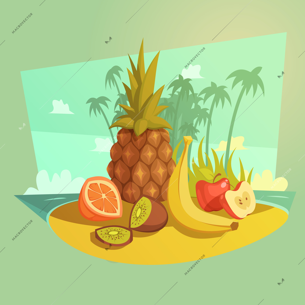 Fruit and beach cartoon concept with banana orange and apple vector illustration