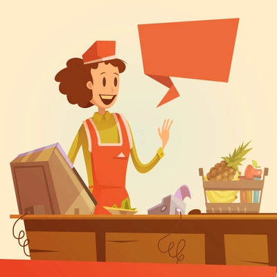 Saleswoman at pay desk retro background with basket and food cartoon vector illustration