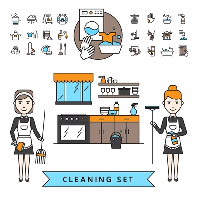 Cleaning design concept with housemaids with mop and broom in home interior and household items icons set isolated vector illustration