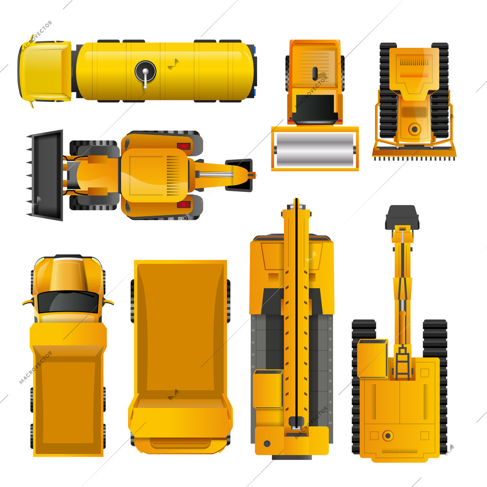 Set of yellow realistic construction machinery  top view isolated vector illustration