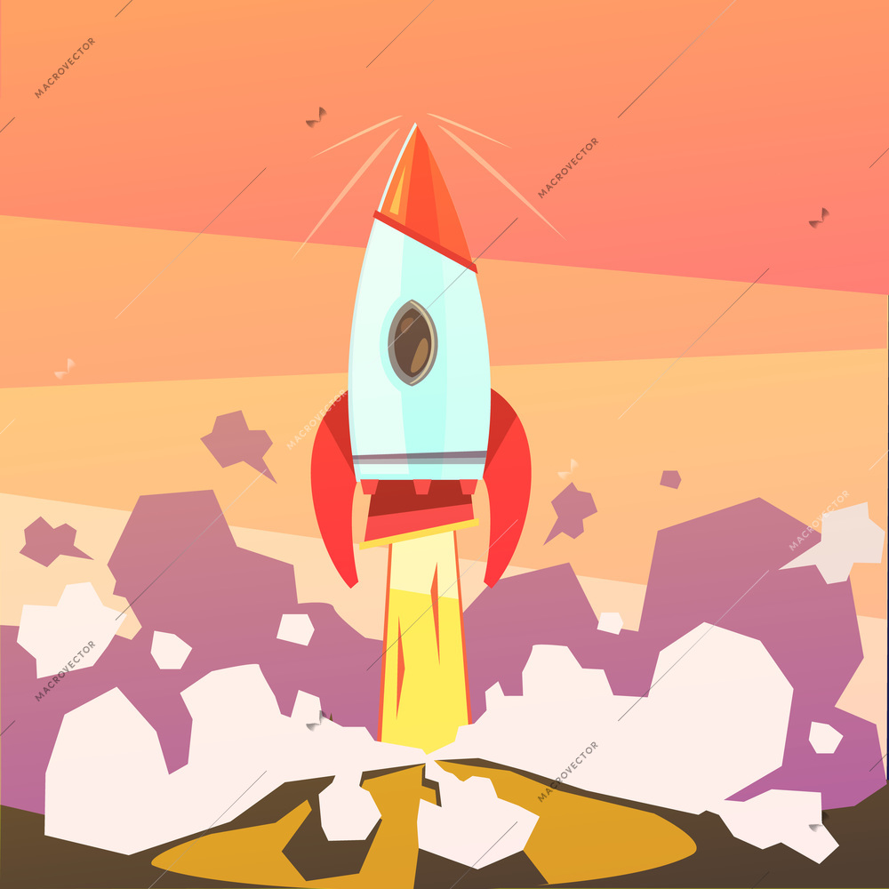 Rocket launch and startup cartoon background with ground and fire vector illustration