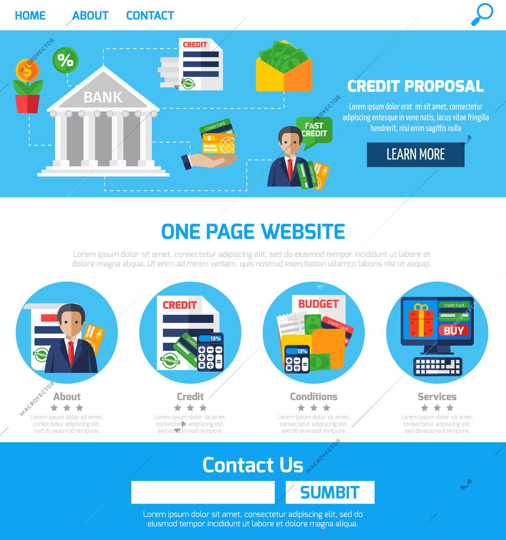 One page credit proposals for website with navigation contact information and conditions of purchase on credit flat vector illustration