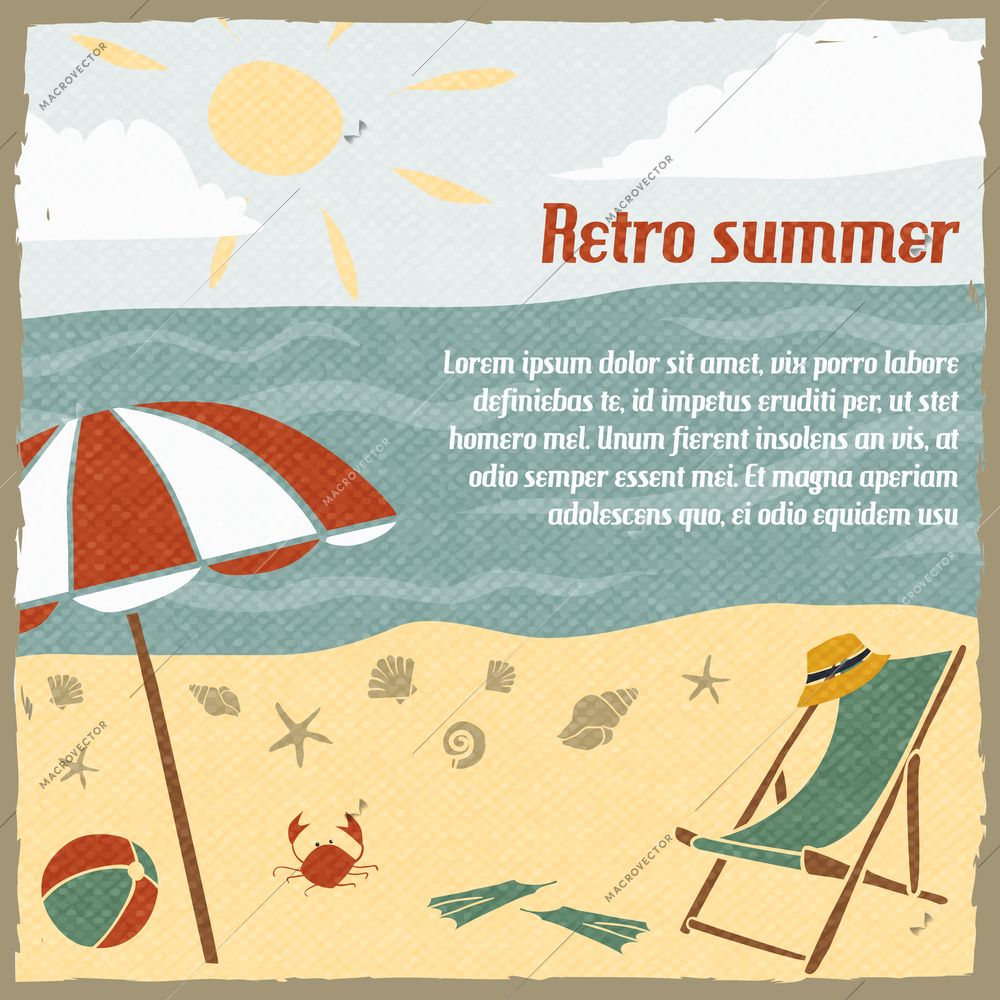 Summer vacation background or travel agency poster with sand beach parasol and chaise lounge retro vector illustration