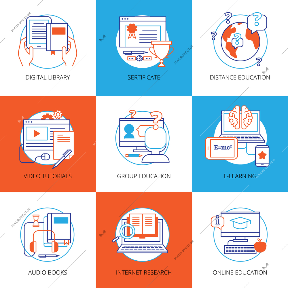 Flat color icons set on theme online education with digital library video tutorials internet research audio books isolated vector illustration