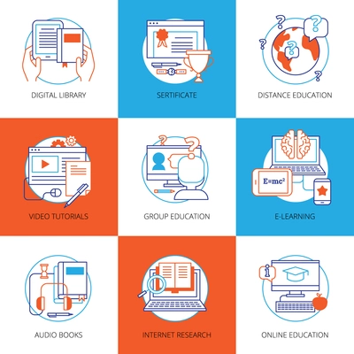 Flat color icons set on theme online education with digital library video tutorials internet research audio books isolated vector illustration