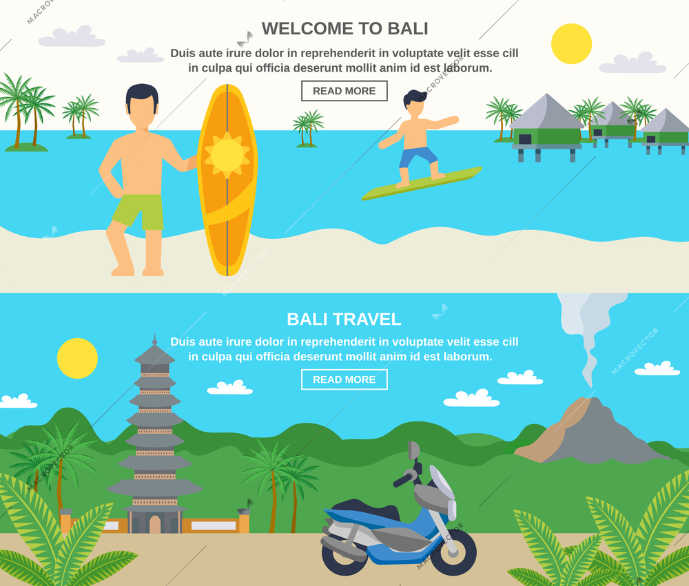 Bali travel banners surfing and sightseeing isolated vector illustration