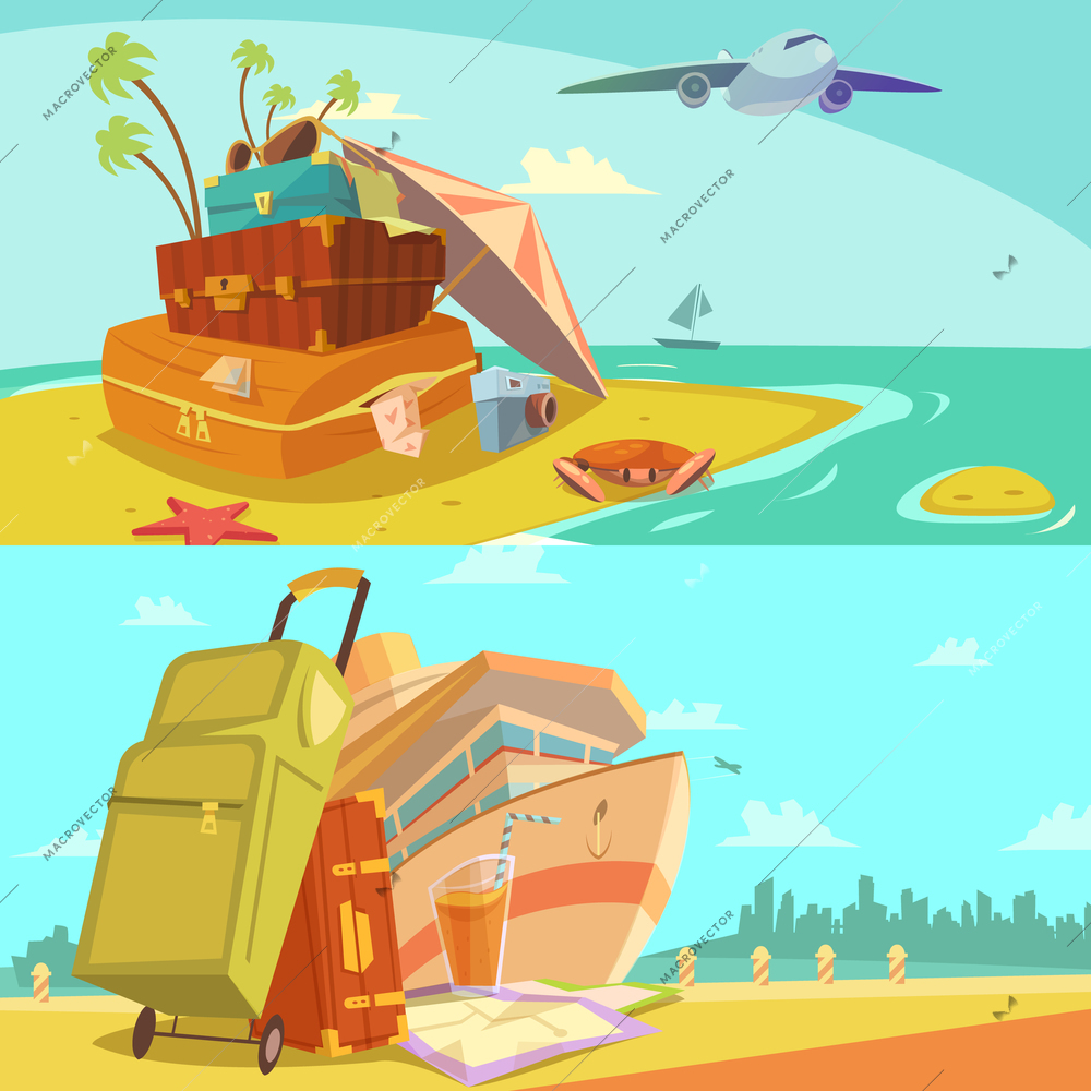 Travel horizontal banners set with voyage and beach resort symbols cartoon isolated vector illustration