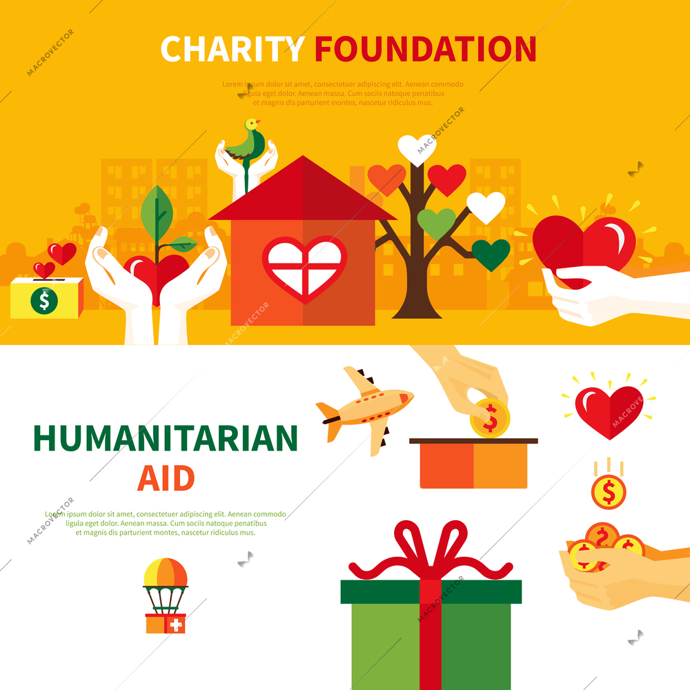 Charity foundations for humanitarian aid 2 flat horizontal banners set with heart and donation symbols abstract vector illustration