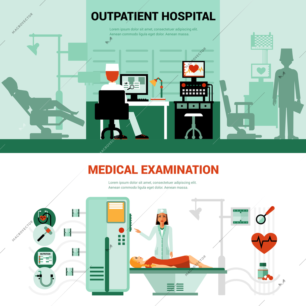 Medical specialists banners with scenes of outpatient hospital and medical examination isolated vector illustration