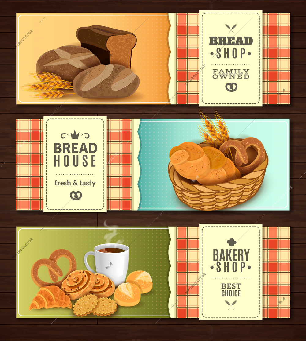 Vintage country style nostalgic bread house 3 flat horizontal banners set with cookies basket isolated vector illustration