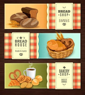 Vintage country style nostalgic bread house 3 flat horizontal banners set with cookies basket isolated vector illustration