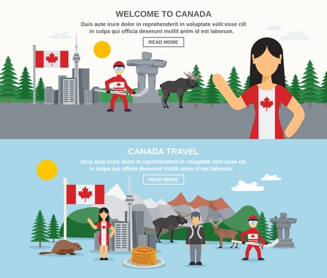 Welcome to canada banners with hockey animals food buildings and landscape isolated vector illustration