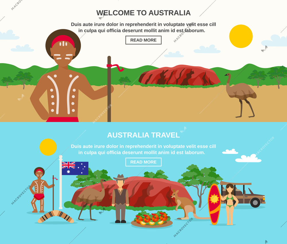 Welcome to australia banners with landscape seafood aborigine surfing animals and flag isolated vector illustration