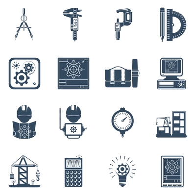 Construction engineer holding project schema black icons set with equipment tools and machinery abstract vector isolated llustration