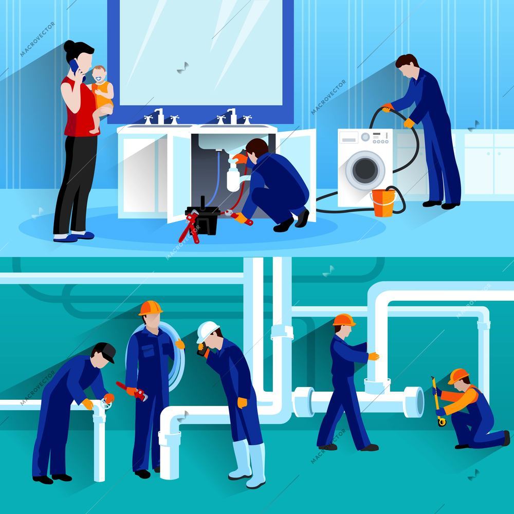 Two plumber horizontal compositions with craftsmen doing repair of pipeline in house flat vector illustration