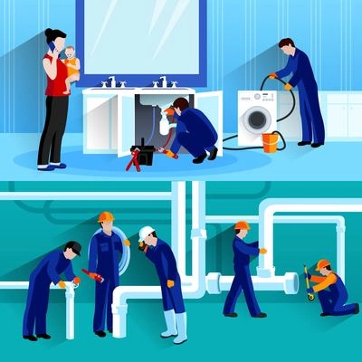 Two plumber horizontal compositions with craftsmen doing repair of pipeline in house flat vector illustration