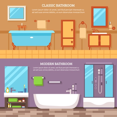 Interior furniture of the bathroom in classic and modern style banner set vector illustration