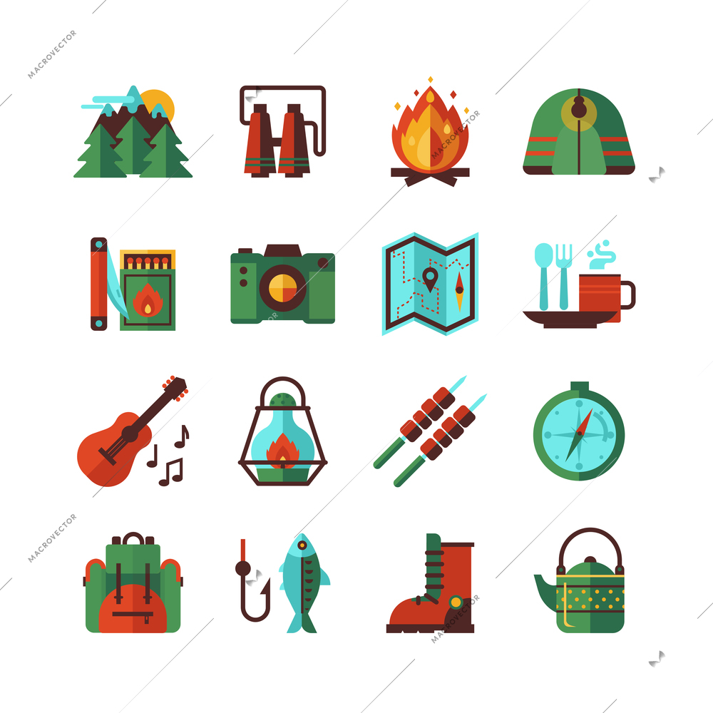 Camping hiking adventures accessories and attributes flat icons set with map compass and backpack abstract isolated vector illustration