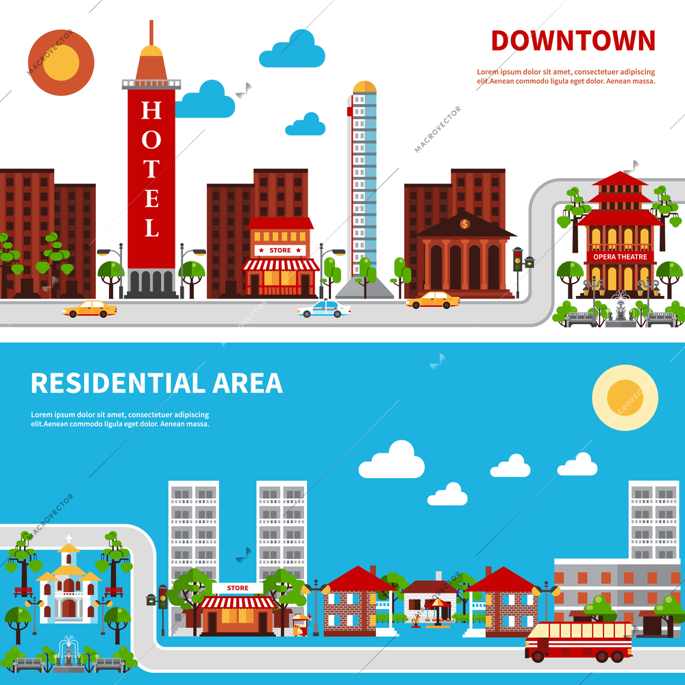 City districts banners with downtown and residential houses isolated vector illustration