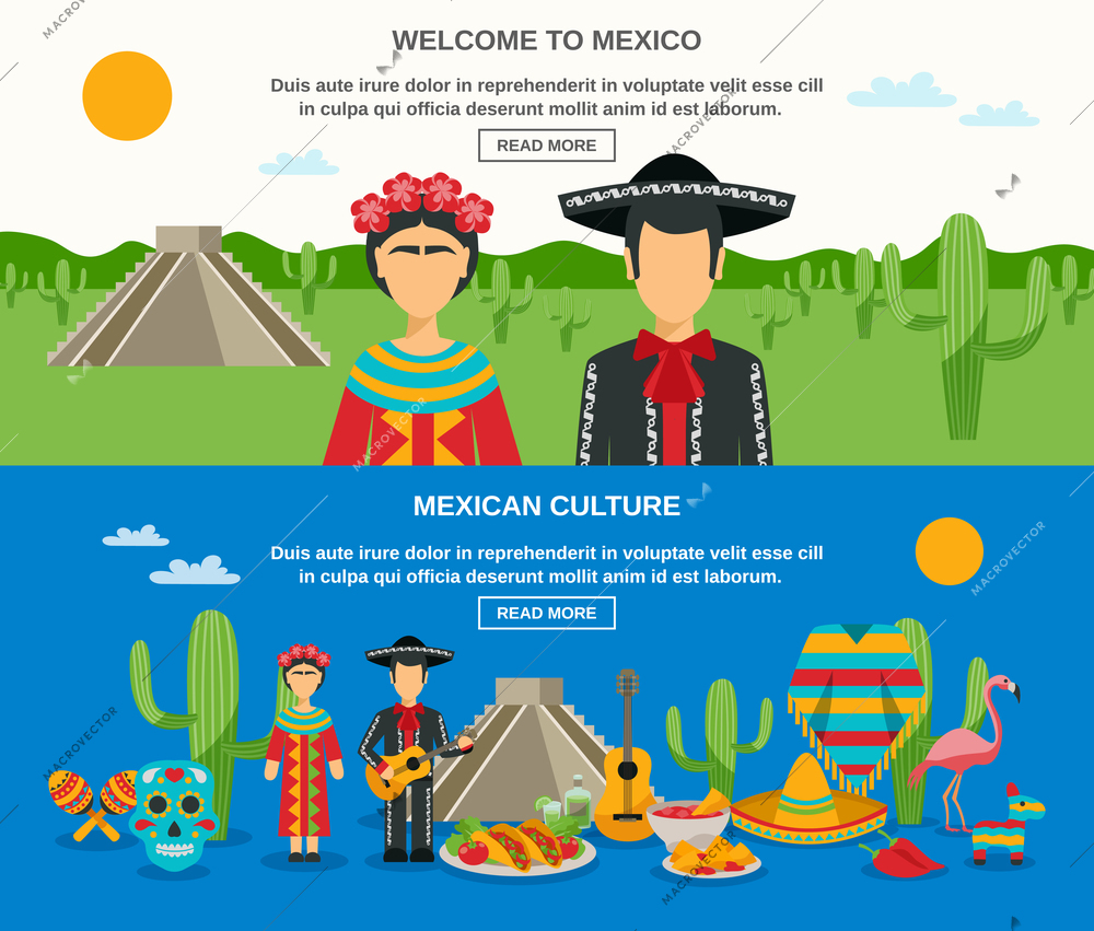 Mexico banner set with colorful elements of native culture landscape and sightseeings vector illustration