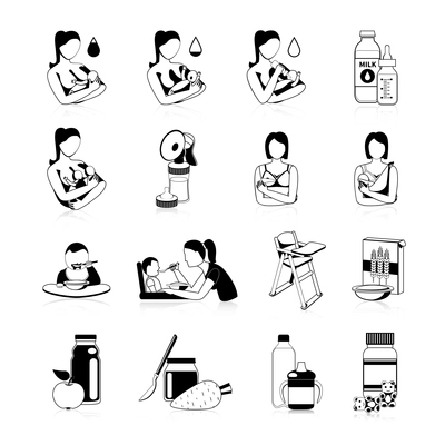 Newborn babies breast and bottle feeding and toddlers food formula black icons set abstract isolated vector illustration