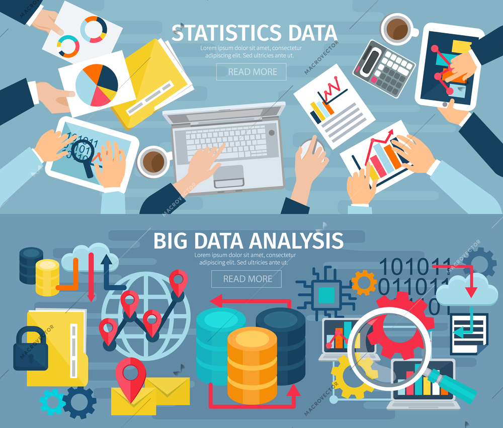 Big data analysis and database statistic systems 2 flat banners with computers laptops abstract isolated illustration vector