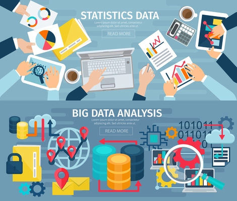 Big data analysis and database statistic systems 2 flat banners with computers laptops abstract isolated illustration vector