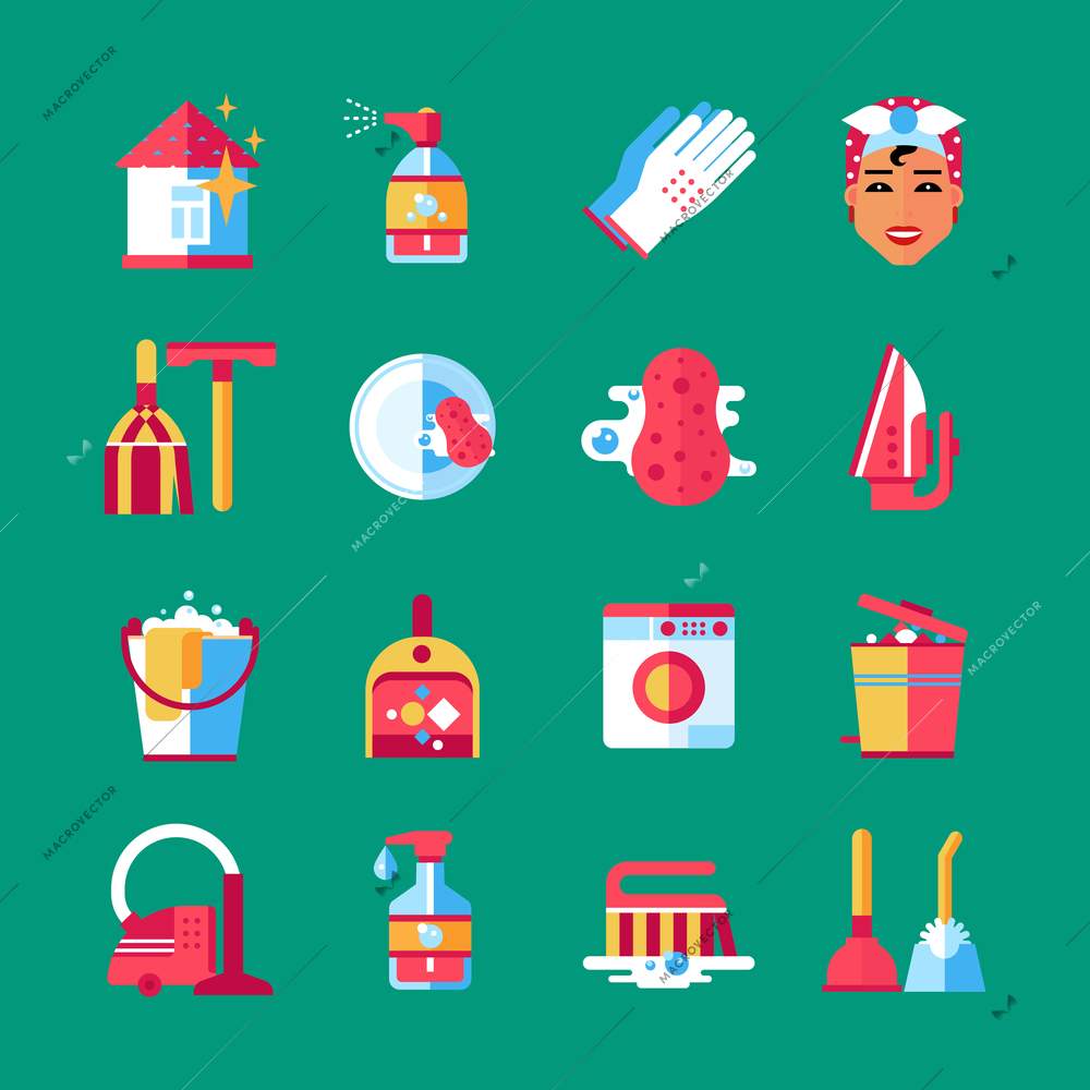 Housekeeper cleaning service worker accessories and equipment flat icons set on green background abstract isolated vector illustration