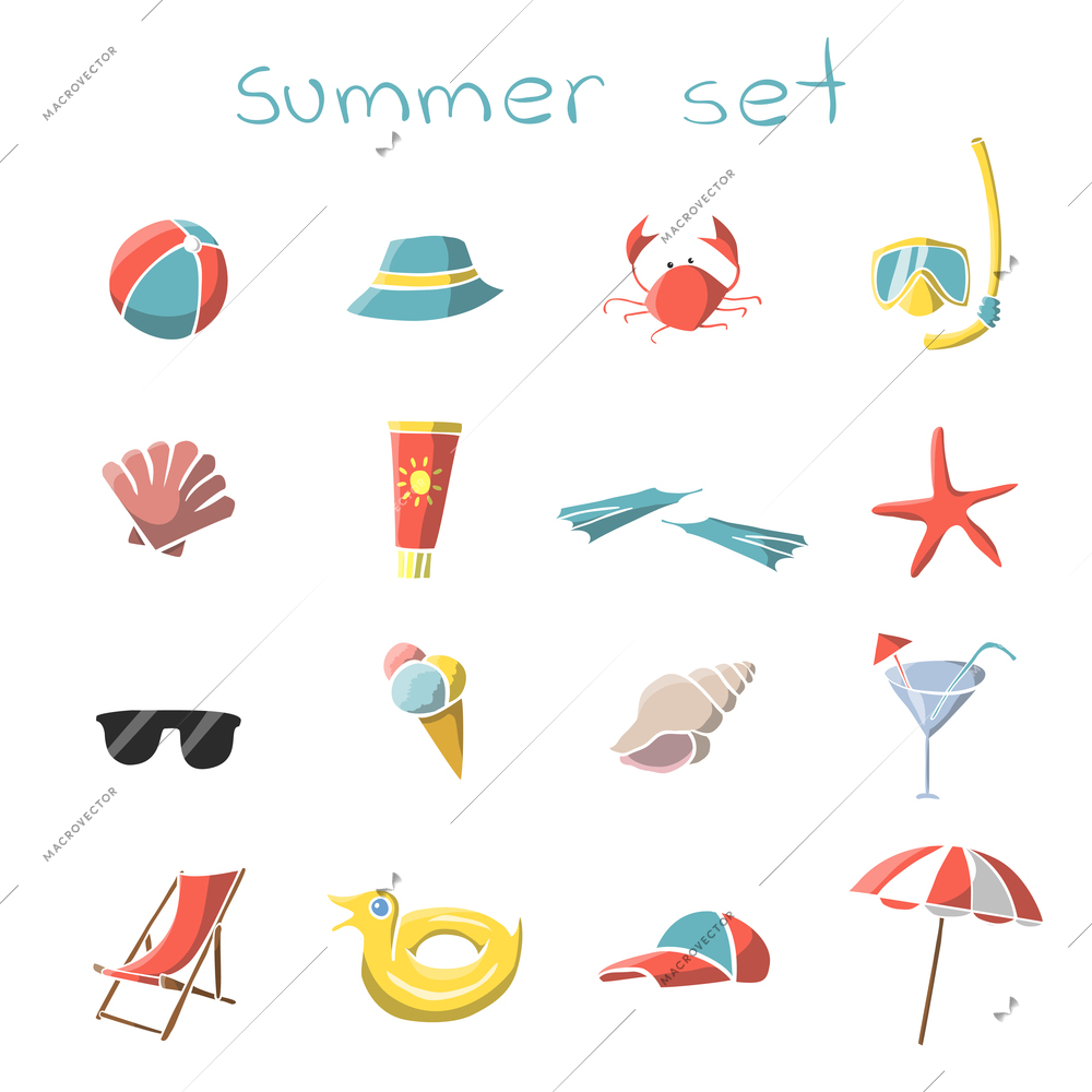 Summer vacation travel icons set of snorkel mask crab panama and parasol isolated vector illustration