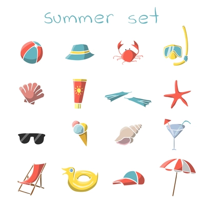 Summer vacation travel icons set of snorkel mask crab panama and parasol isolated vector illustration